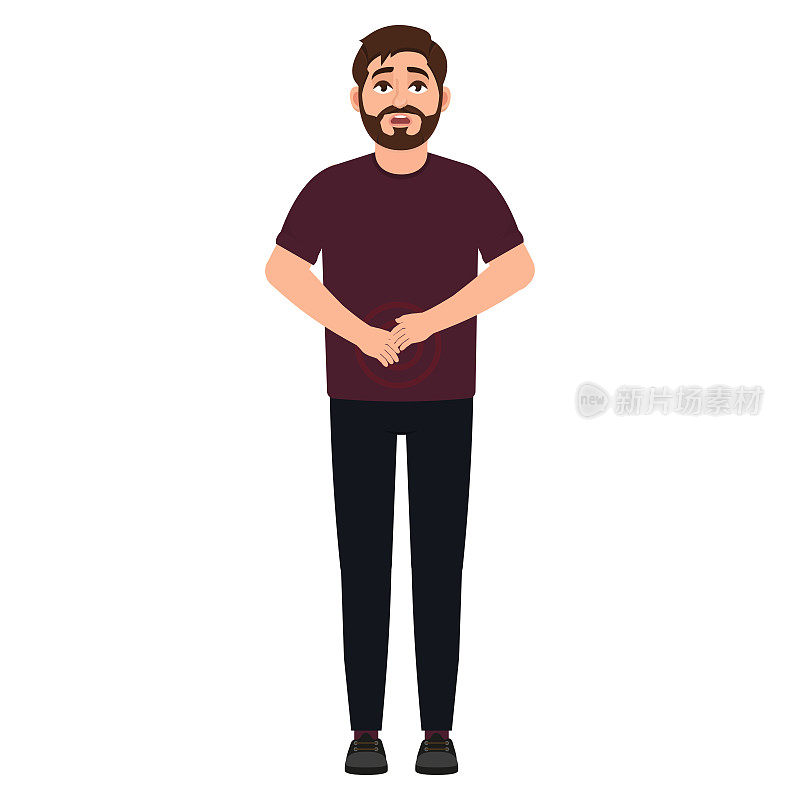 Bearded man holds hands on stomach, abdominal pain, cartoon character vector illustration